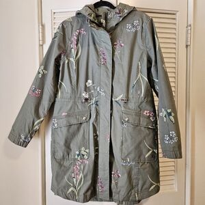 Olive Floral Hooded Rainjacket Hip Length Joules Size 10